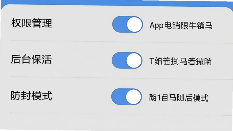主体为电销牛马App的设置界面,展示权限管理、后台保活、防封模式等开关选项,布局为列表形式,每个开关右侧带说明文字,颜色以蓝灰为主,画质清晰,无多余装饰。