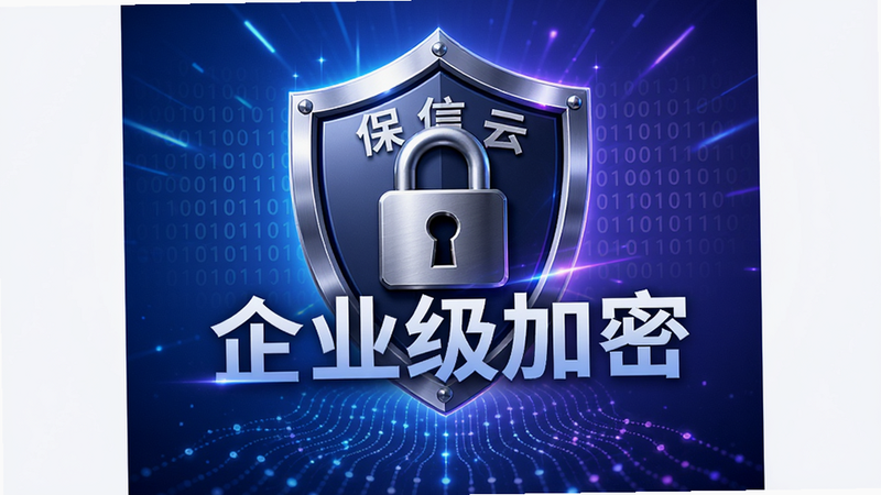 主体:一个盾牌图标与锁头组合,背景为蓝紫色渐变科技光线,中央文字“企业级加密”,下方有数据流线条。布局:中心对称,图标突出。风格:科技感,金属质感与发光效果。细节:盾牌上有“保信云”字样,锁头闭合,周围有二进制数字淡影。画质:4K级别,干净背景,无杂乱元素。