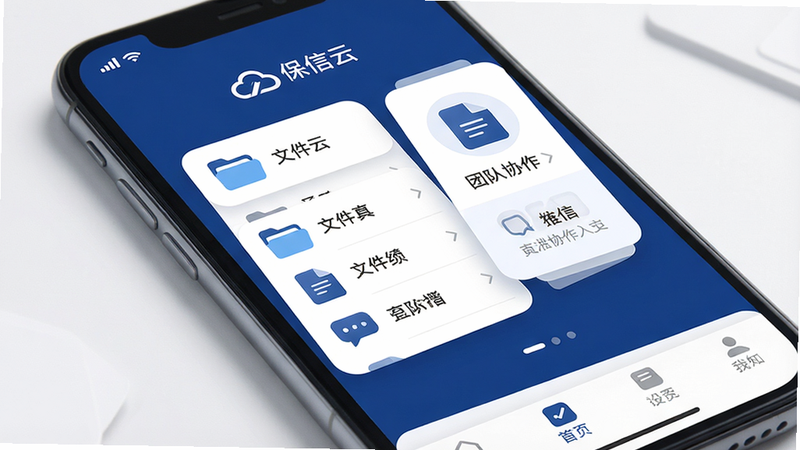 主体:一部智能手机屏幕显示保信云主界面,顶部有品牌logo和“保信云”文字,中部是文件列表和团队协作入口,底部导航栏。布局:左右均衡,信息层级清晰,采用卡片式设计。风格:现代扁平化,主色调为深蓝与白色,图标简洁圆润。细节:界面中可见文件夹、文档、聊天气泡等图标,状态栏显示网络与电量。画质:高清,干净无多余元素,光影柔和。