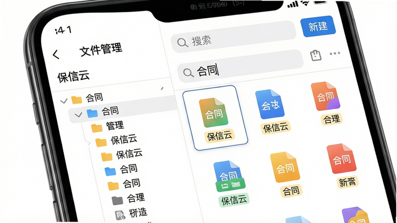 主体:手机屏幕展示保信云文件管理页面,左侧为文件夹树,右侧为文件列表缩略图,顶部有搜索框和“新建”按钮。布局:分栏结构,清晰显示目录层级。风格:简洁商务,背景纯白,文件图标带有颜色标签。细节:搜索框中输入“合同”,下方出现匹配结果,带有高亮。画质:锐利,无多余装饰元素。