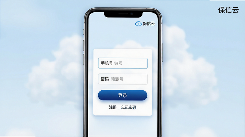 主体:一部手机屏幕显示保信云登录界面,背景有模糊的云朵图案,中央是登录框,包含手机号输入栏、密码输入栏和“登录”按钮,底部有“注册”和“忘记密码”链接。布局:居中对称,留白充足。风格:极简商务,浅蓝与白色搭配,柔和阴影。细节:输入框内有占位符文字,登录按钮为深蓝色渐变,右上角有“保信云”小字logo。画质:清晰干净,无多余元素。
