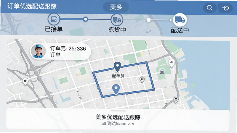 主体:美多优选配送进度界面,布局:顶部订单状态步骤(已接单、拣货中、配送中),中部地图显示配送员位置和路线,底部预计到达时间;风格:简洁信息型,蓝灰配色;细节:配送员头像和联系方式,订单编号;画质:清晰,无多余元素,alt属性:美多优选配送跟踪界面