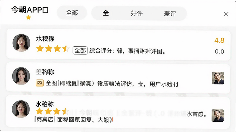 主体:今朝APP口碑详情页,显示一个商家综合评分4.8分,下方是用户评价列表。布局:每条评价包含用户头像、昵称、评分星级、评价内容、带图标识。风格:卡片式,白色背景,星星用黄色。细节:顶部筛选按钮“全部”“好评”“差评”,差评处有商家回复。画质:高清,无多余元素。