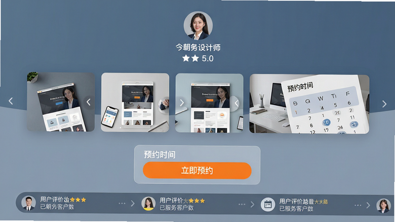 主体:今朝APP设计师详情页,顶部显示设计师头像、姓名、评分(5.0)、已服务客户数。布局:中间为作品展示横向滑动模块,下方为“预约时间”日历选择器。风格:简洁商务,蓝灰调。细节:按钮“立即预约”为橙色高亮,底部有用户评价滚动条。画质:干净,无多余元素。