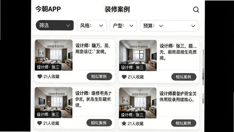 主体:今朝APP内“装修案例”页面,顶部为筛选栏(风格、户型、预算),下方为案例瀑布流。布局:左侧小图右侧文字描述,每张图片左下角有“设计师:张三”标签。风格:干净优雅,图片饱和度适中,文字用黑体。细节:案例卡片底部显示“21人收藏”“相似案例”按钮。画质:高清,无多余元素。
