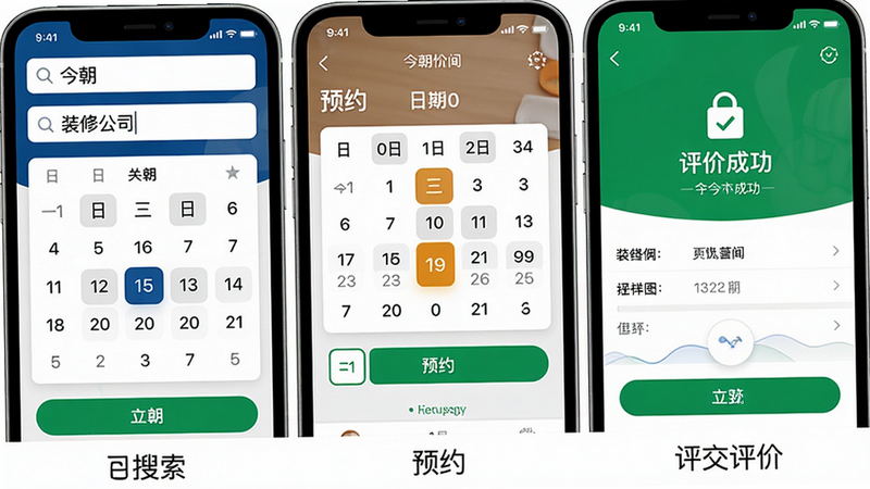 主体:手机屏幕显示今朝APP使用过程截图,包含搜索框输入“装修公司”、预约界面日期选择、评价提交成功页面。布局:三张截图拼图,左侧为搜索,中间为预约,右侧为评价,每张图下方有简单文字标注。风格:真实手机界面,UI醒目。细节:搜索框有“今朝”字样,日期选择器高亮今日。画质:高清,干净,无多余元素。