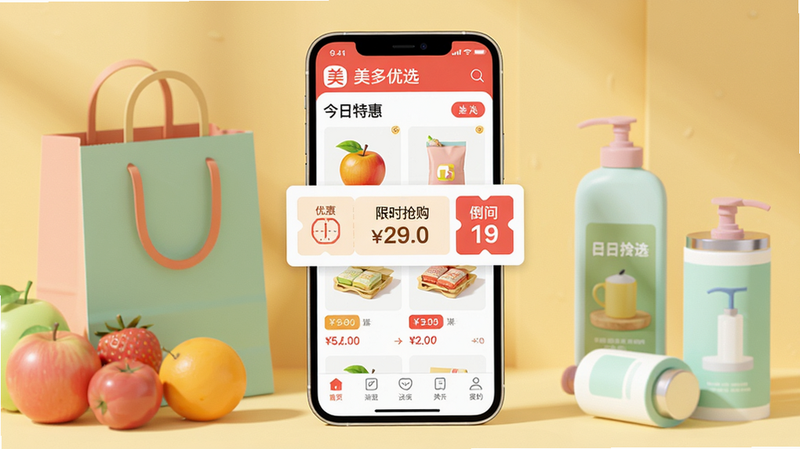 主体:美多优选APP手机界面,显示商品列表和优惠券弹窗。布局:中心聚焦手机屏幕,周围有购物袋、水果、日用品等元素。排版:手机屏幕内显示“美多优选”logo和“今日特惠”字样,底部导航栏清晰。风格:扁平化设计,明亮清新的马卡龙色系,暖色调背景。细节:商品图片精美,价格标签醒目,有“限时抢购”倒计时。画质:高清4K,干净无多余元素。