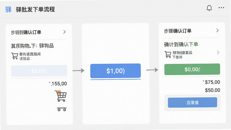 主体:驿批发下单流程截图,从购物车到确认订单,布局步骤清晰,风格扁平化,细节:按钮醒目,价格汇总。画质:高清。