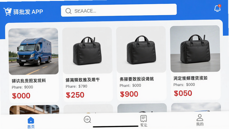 主体:驿批发APP首页界面,顶部搜索栏,中间商品瀑布流,底部导航。布局:上下结构,整体蓝白配色,风格简约现代。细节:商品图片清晰,标题简洁,价格醒目。画质:高清细腻,干净无多余元素。