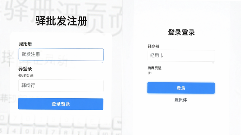 主体:驿批发注册页面和登录界面截图并排展示,布局左右对比,风格简洁,细节:输入框清晰,按钮醒目。画质:高清,干净。