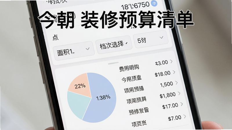 画面主体为手机屏幕显示预算计算结果,上半部分为输入区域(面积、档次选择),下半部分为饼图和各费用明细列表。布局上下结构,色彩柔和的饼图配百分比,列表每行显示项目和金额,风格数据清晰,细节包括可折叠箭头,画质高清。图片上文字“今朝 装修预算清单”。