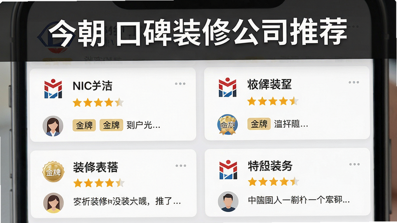 画面主体为手机屏幕显示装修公司列表页,主体为多个公司卡片两列排列,每个卡片包含公司logo、名称、评分(5分制)、标签(如“金牌”)。布局整齐,风格商务简约,细节包括用户头像和简短评语,画质高清,干净无多余元素。图片上文字“今朝 口碑装修公司推荐”。