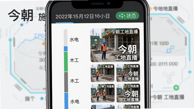 画面主体为手机屏幕显示施工进度页面,左侧为垂直进度条(标注“水电”“木工”等阶段),右侧为工地实拍照片缩略图,顶部有日期和状态标签。风格工业监控感,细节包括照片水印“今朝 工地直播”,画质高清,干净。图片上文字“今朝 施工进度”。