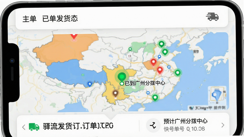 主体:驿批发App订单详情页截图,显示物流跟踪地图与节点。布局:上方为订单状态“已发货”,中部为地图上标记物流节点,下方为快递单号与预计到达时间。风格:现代卡片UI,地图带色块标注。细节:节点处有绿色圆点标注“已到广州分拨中心”。画质:超清,无多余元素。