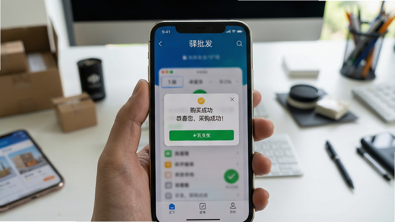 主体:手机握持驿批发App界面的实拍场景,屏幕上显示“购买成功”弹窗。布局:手机居中,背景为办公桌,周围散落货物样品。风格:真实摄影风格,自然光线。细节:屏幕弹窗带“恭喜您,采购成功!”文字,手机边缘有高光。画质:4K超清,干净无多余元素。