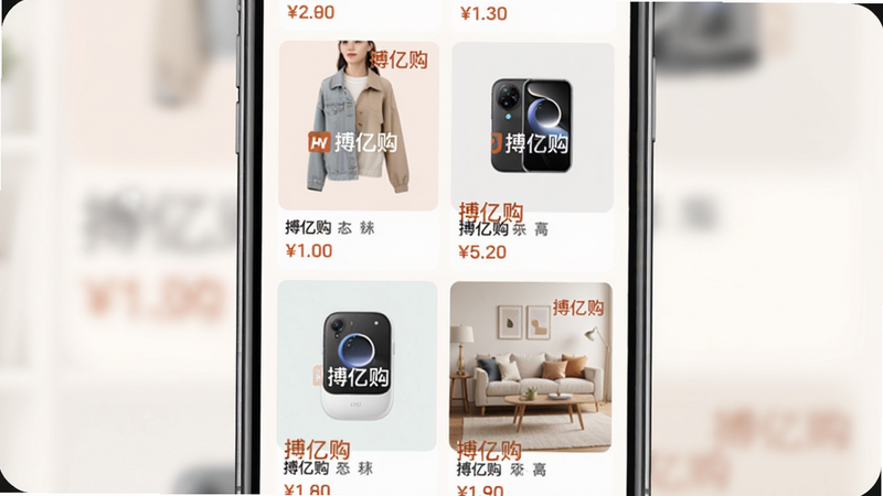 搏亿购智能推荐效果图:手机界面展示个性化推荐商品瀑布流,包含服装、数码、家居等品类,每件商品都有价格标签和“搏亿购”水印,布局整齐,色彩柔和,画质干净