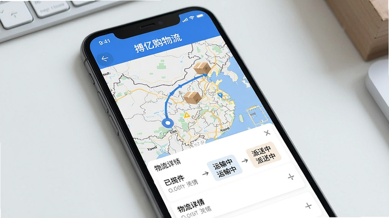 搏亿购物流追踪页面:手机屏幕显示地图上包裹移动轨迹,底部有物流详情列表(已揽件、运输中、派送中),顶部有“搏亿购物流”字样,界面简洁,信息层级清晰,画质高