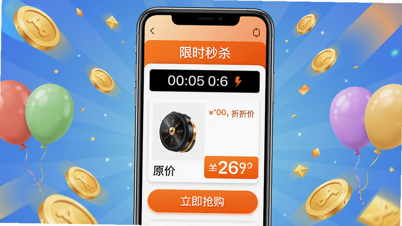 搏亿购优惠活动截图:手机屏幕显示“限时秒杀”板块,商品倒计时、原价和折扣价对比如橙色高亮,底部有“立即抢购”按钮,背景点缀金币和气球元素,画质细腻,无杂乱