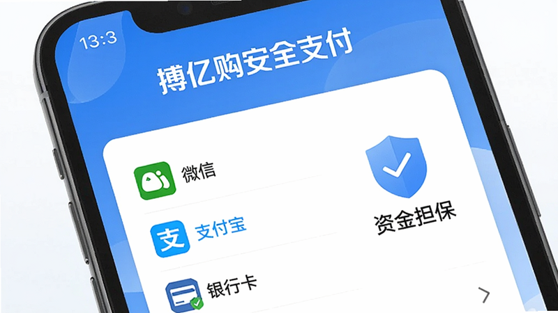 搏亿购安全支付界面:手机屏幕显示支付确认页,有“搏亿购安全支付”标识,支付方式列表包括微信、支付宝、银行卡,旁边有盾牌图标和“资金担保”字样,背景干净,风格清爽