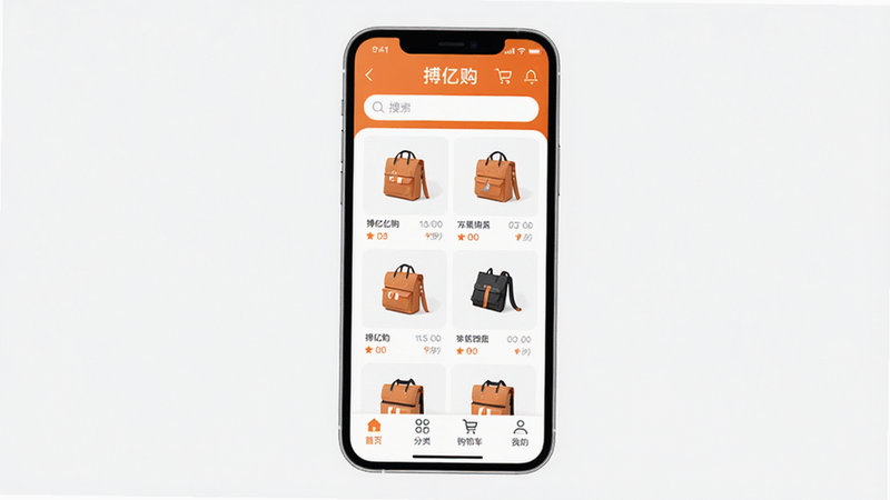 搏亿购 App 全貌展示:手机屏幕上显示“搏亿购”购物界面,顶部搜索栏,中部商品网格图,底部导航栏包含首页、分类、购物车、我的,整体采用白底橙色调,UI 简洁现代,画质清晰,无多余元素