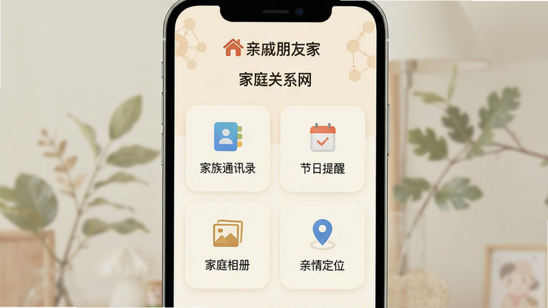 һ��չʾ���������Ѽҡ�App������Ľ�ͼ������Ϊ�ֻ���Ļ���в��֣������С��������Ѽҡ�Logo�͡���ͥ��ϵ�������⣬�·������š�����ͨѶ¼�����������ѡ�����ͥ��ᡱ�����鶨λ���ĸ����ܿ�Ƭ����Ƭ����Բ����ƣ�����Ϊ��ܰ���װ�ɫ���������ƽ����������Ȼ�������������޶���Ԫ�ء�