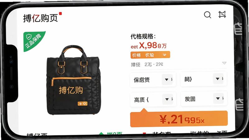 主体:搏亿购商品详情页截图,布局:手机屏幕居中,左侧显示商品主图,右侧为价格和规格选择,排版:信息分区清晰,风格:电商UI风格,细节:商品图清晰,价格标签突出,画质:高清,无多余元素,文字“正品保障”标签在图片角落