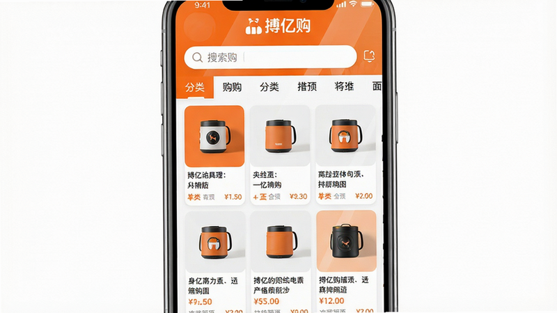 主体:搏亿购APP界面展示,手机屏幕上显示购物首页商品瀑布流,布局:居中构图,手机竖屏,顶部有搜索栏和分类标签,排版:商品卡片整齐排列,每张卡片含商品图、价格、标题,风格:扁平化UI设计,明亮主色调橙白色,细节:画面干净,手机边框圆润,屏幕反光自然,画质:4K超清,无多余元素,文字标注“搏亿购”logo在屏幕上方
