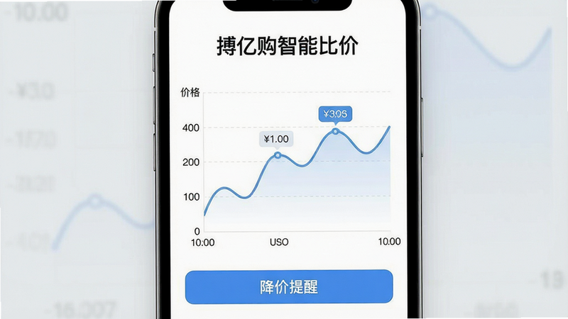 主体:搏亿购比价功能界面,布局:手机屏幕显示价格走势折线图,下方有“降价提醒”按钮,排版:图表清晰,时间轴横轴,价格纵轴,风格:数据可视化极简风,细节:折线平滑,关键价格点标注数字,画质:干净无噪点,文字“搏亿购智能比价”在图表上方