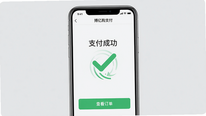 主体:搏亿购支付成功页面,布局:手机屏幕居中显示“支付成功”绿色对勾,下方有“查看订单”按钮,排版:简洁居中,风格:现代扁平,细节:背景浅灰,对勾动画效果示意,画质:高清,无多余元素,文字“搏亿购支付”在顶部状态栏