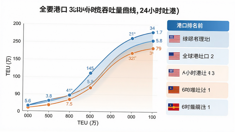 主体:一张数据图表,展示全球主要港口24小时吞吐量曲线,横轴为时间,纵轴为TEU(万)。布局:图表在左侧,右侧列出港口排名前五列表。风格:商务数据可视化,蓝橙色系,简洁清晰。细节:图表线条平滑,有数据标注点,列表带国旗图标。画质:高分辨率,干净无噪点