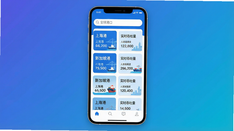 主体:一张手机屏幕截图,显示全球港APP主界面,顶部有搜索框,下方列出多个港口卡片,卡片上包含港口名称“上海港”“新加坡港”等,并显示“实时吞吐量”数据。布局:手机居中,背景为渐变色,界面采用卡片式布局,字体清晰。风格:现代扁平化,蓝白配色,科技感。细节:搜索框里有“全球港口”文字,卡片之间有间距,底部有导航栏。画质:高清,干净,无多余元素