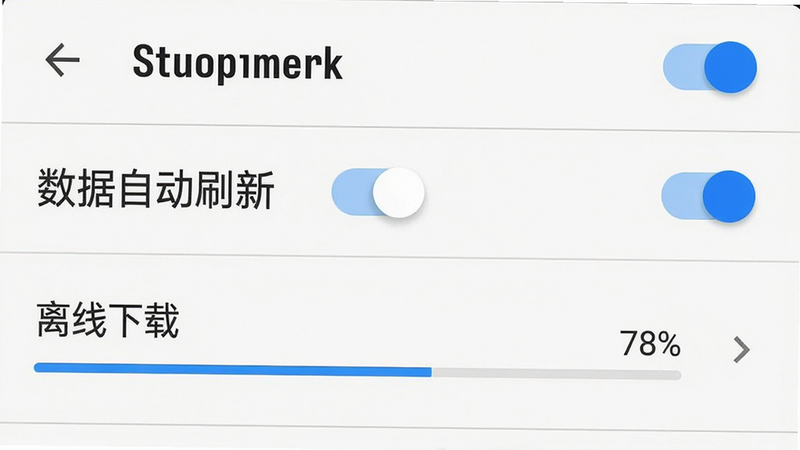主体:一张手机截图,显示“设置”页面,其中“数据自动刷新”开关已开启,下方有“离线下载”进度条。布局:列表式设置项,每个项目右侧带开关或箭头。风格:Material Design风格,白色背景,蓝色主题色。细节:开关为蓝色滑块,进度条显示78%。画质:干净,无多余元素