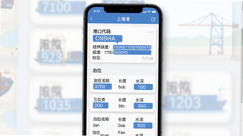 主体:一张手机截图,显示“上海港”详情页,从上到下依次为港口代码CNSHA、经纬度、时区、泊位列表。布局:纵向滚动,信息分段清晰,关键数据用蓝色高亮。风格:卡片式,柔和阴影,字体大小适中。细节:泊位列表中每个条目有泊位名称、长度、水深。画质:干净,无广告干扰