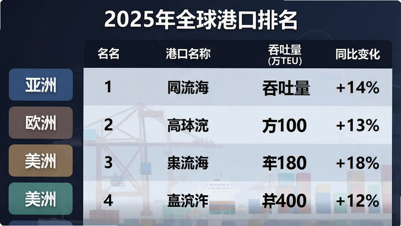 主体:一张排行榜界面,左侧为亚洲、欧洲、美洲等区域标签,右侧为排名表格,第一列名次,第二列港口名称,第三列吞吐量(万TEU),第四列同比变化。布局:表格形式,表头深色背景,行交替颜色。风格:数据仪表盘风格,数字加粗。细节:排行榜顶部有“2025年全球港口排名”标题。画质:清晰,无多余元素