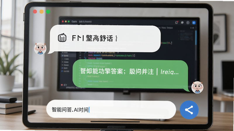 智能问答引擎功能演示,首问软件中用户与AI对话界面,气泡式聊天,显示问题与答案,排版整齐,风格清新,细节包括输入框和发送按钮,画质干净。