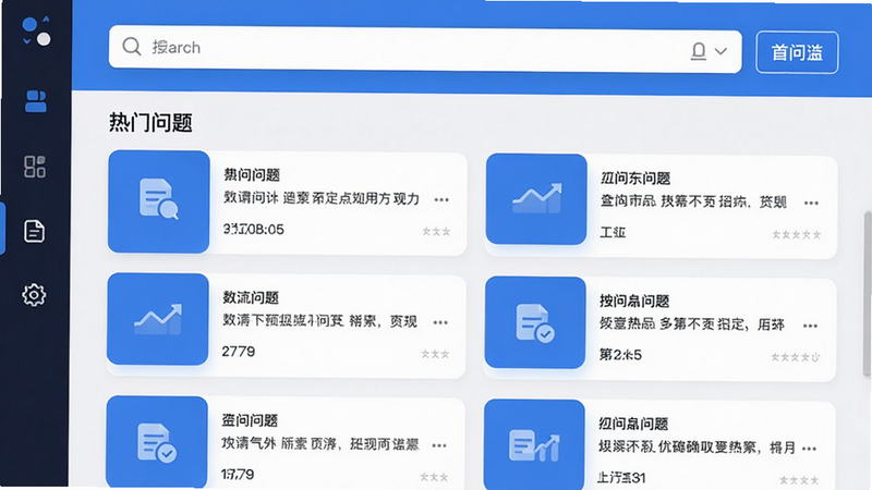首问软件主界面预览图,顶部搜索框,下方热门问题列表,采用卡片式布局,蓝色主题色调,清晰干净,UI简洁现代,画质高清。