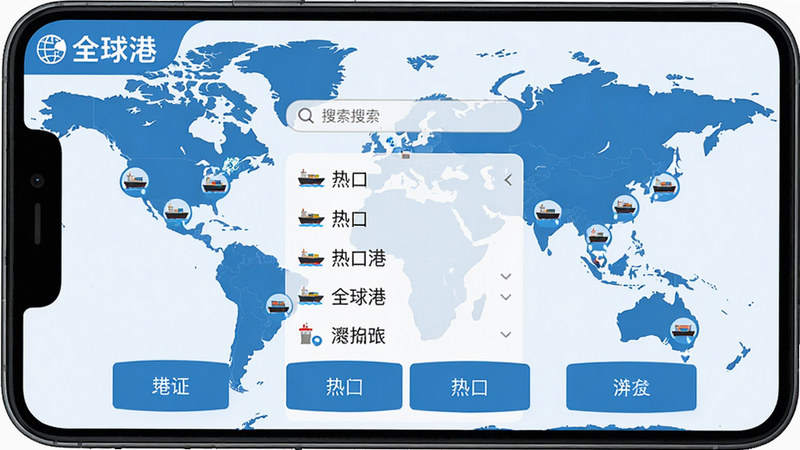 一张手机屏幕展示“全球港”APP主界面,背景为世界地图,上面标注多个港口图标,界面风格扁平化、蓝色调,左上角有“全球港”LOGO,中间显示搜索框和热门港口列表,下方功能按钮清晰,画面干净,高画质。