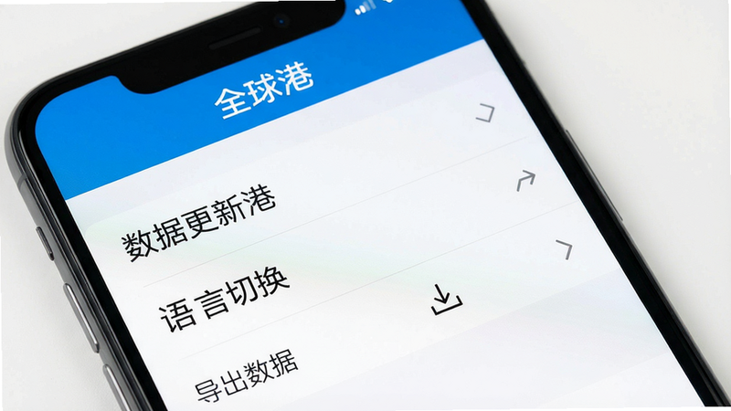 一张手机截图显示“全球港”的设置页面,包含“数据更新”、“语言切换”、“导出数据”等选项,界面清晰,蓝色主题,背景干净,高画质。