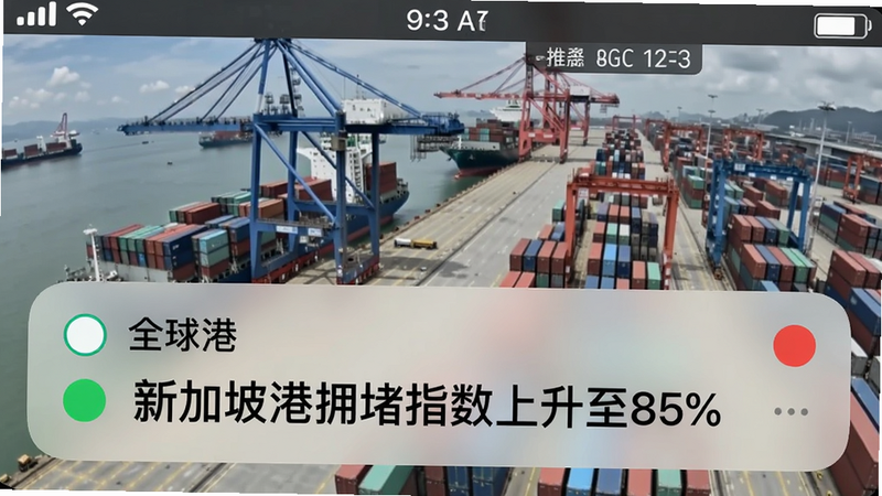 手机通知栏显示“全球港”推送的预警信息,内容为“新加坡港拥堵指数上升至85%”,背景为港口实时监控画面,UI风格清新,有绿色和红色指示灯,画面干净。