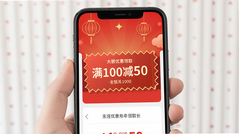 主体为手机屏幕上展示一张大额优惠券领取界面,券面金额醒目“满100减50”,布局居中,券边缘有锯齿状,背景为喜庆红色,风格简约,画质高清,无多余文字干扰