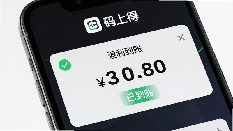 主体为手机界面显示“返利到账”通知,带有金额数字和“已到账”字样,布局顶部有码上得logo,风格为APP推送通知样式,干净明亮,画质细腻
