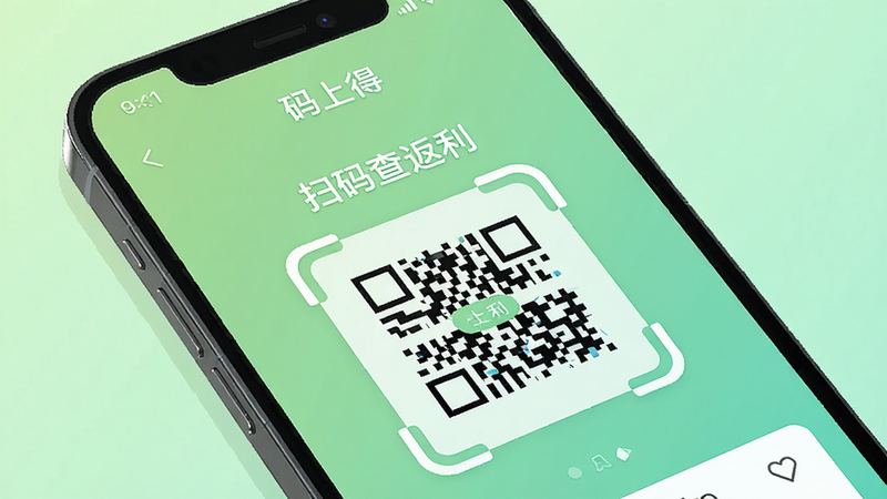 主体为一部智能手机屏幕显示“码上得”APP主界面,布局中央一个醒目的扫码框,上方有“扫码查返利”文字,界面风格清新简洁,扁平化设计,背景为浅绿色渐变,画面干净无多余元素,画质高清