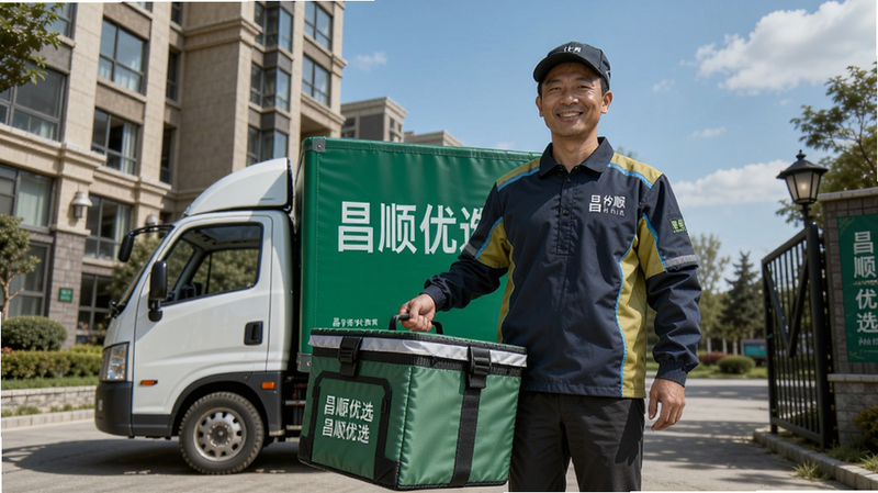 配送员穿着昌顺优选工作服,手拎绿色冷链保温箱站在小区门口,背后是配送车和楼房,天空晴朗,细节丰富,画面自然生动,画质高清。