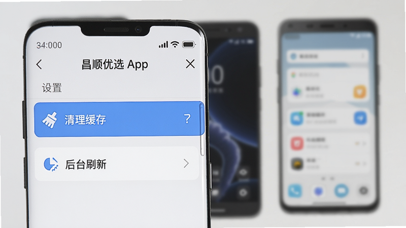 手机屏幕上显示昌顺优选App设置界面,突出“清理缓存”和“后台刷新”选项,背景有模糊的设备轮廓,画面干净,文字清晰,风格简洁。