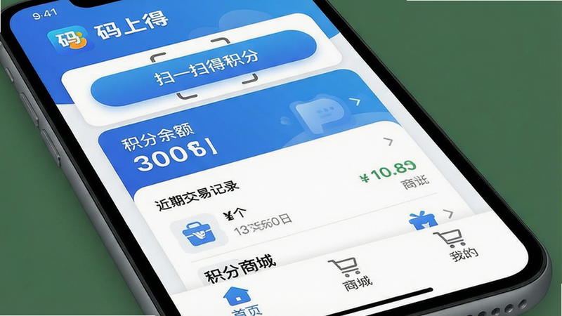 一张智能手机屏幕截图,主体显示“码上得”APP首页界面,布局采用卡片式设计,顶部有“扫一扫得积分”按钮,中部展示积分余额和近期交易记录,底部导航栏包含“首页、商城、我的”三个图标。整体风格为扁平化、蓝白配色,细节处有微渐变和圆角,画质清晰干净,无多余元素,文字部分包含“码上得”logo和“积分商城”字样。