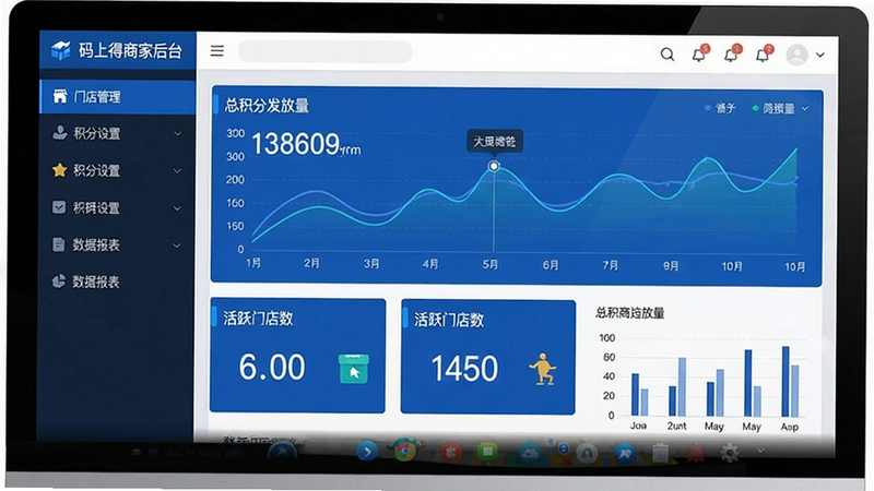 一张电脑端后台截图,主体为“码上得商家后台”数据看板,布局采用仪表盘形式,左侧菜单栏有“门店管理”“积分设置”“数据报表”等选项,右侧展示折线图与柱状图。风格为商务科技蓝,细节包括“总积分发放量”“活跃门店数”等数字卡片,画质干净无多余元素。