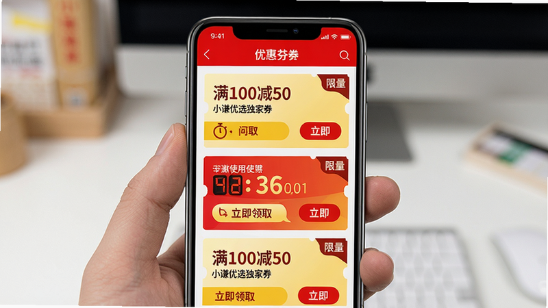 主体:手机屏幕展示优惠券列表页,布局为卡片式排列,每张卡片包含优惠券面额、使用门槛和“立即领取”按钮,风格为电商促销风格,色彩鲜艳红黄为主,细节处有倒计时图标和“限量”标签,画质清晰,图片中文字显示“满100减50”“小谦优选独家券”