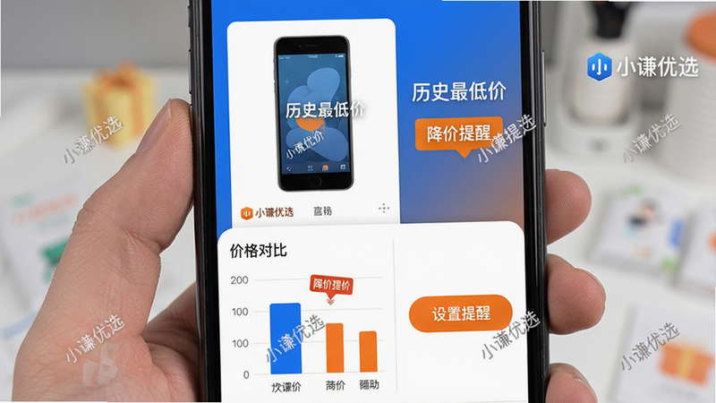 主体:手机屏幕展示商品比价界面,布局为上下分栏,上方是商品主图,下方左侧是价格对比柱状图,右侧是“设置提醒”按钮,风格为数据可视化简洁风,色彩使用蓝橙对比,细节处有“小谦优选”logo水印,画质清晰干净,图片中文字显示“历史最低价”“降价提醒”