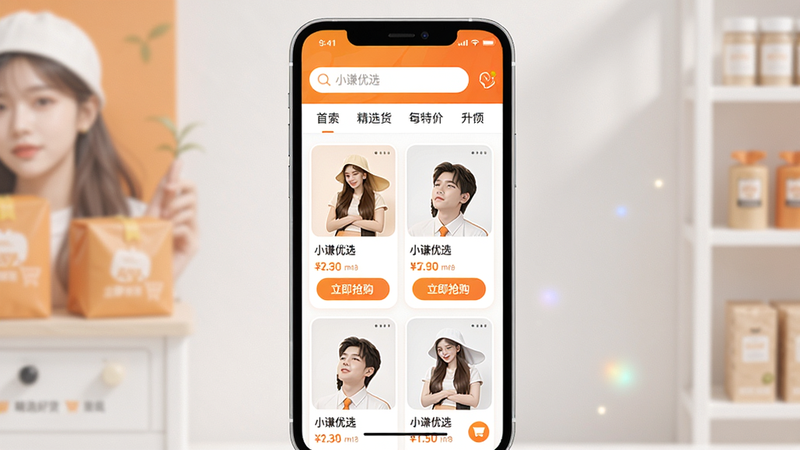 主体:小谦优选APP主界面,手机屏幕居中展示,布局采用上下结构,上方是搜索栏和分类导航,中间是商品瀑布流卡片,每张卡片包含商品图片、价格和“立即抢购”按钮,风格为扁平化设计,色彩明亮以橙白为主,细节处有微光效和圆角,画质高清通透,干净无多余元素,图片中文字显示“小谦优选”和“精选好货 每日特价”