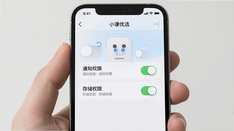 主体:手机手持设备,屏幕显示“小谦优选”设置页面,有“通知权限”、“存储权限”开关,背景为浅色,布局居中,风格清新,细节包括权限开关图标和提示文字,画质高清,无多余元素
